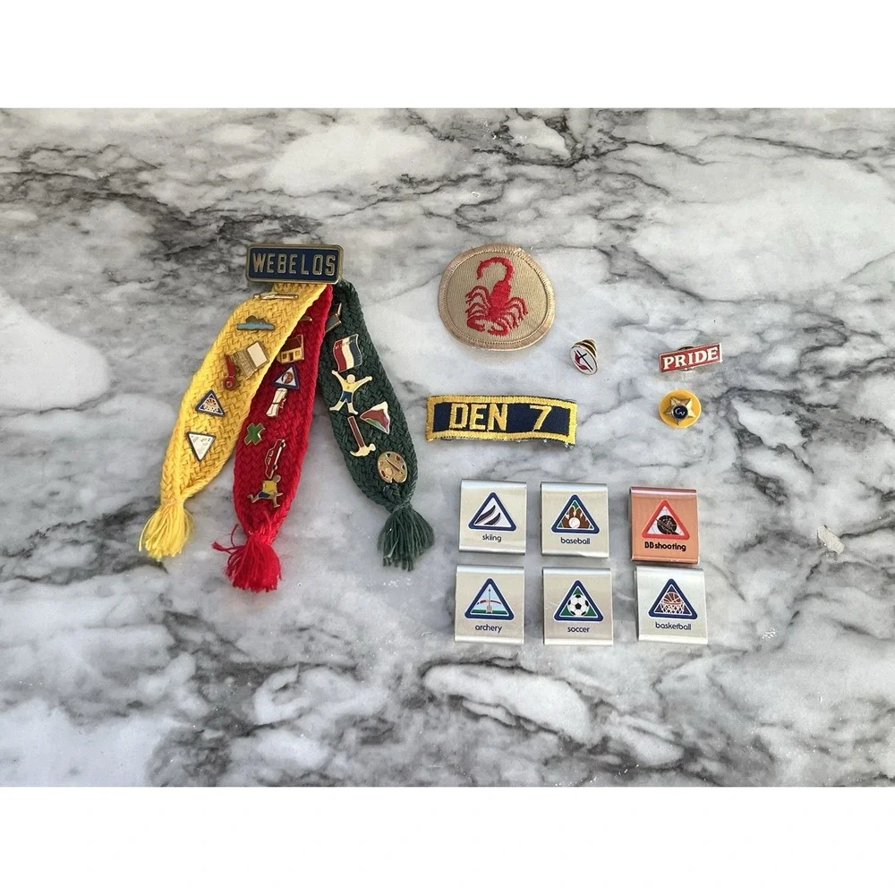Vintage Cub Scout‎ Webelos With 19 Pins Assorted Lot Patches Belt Slides Pins